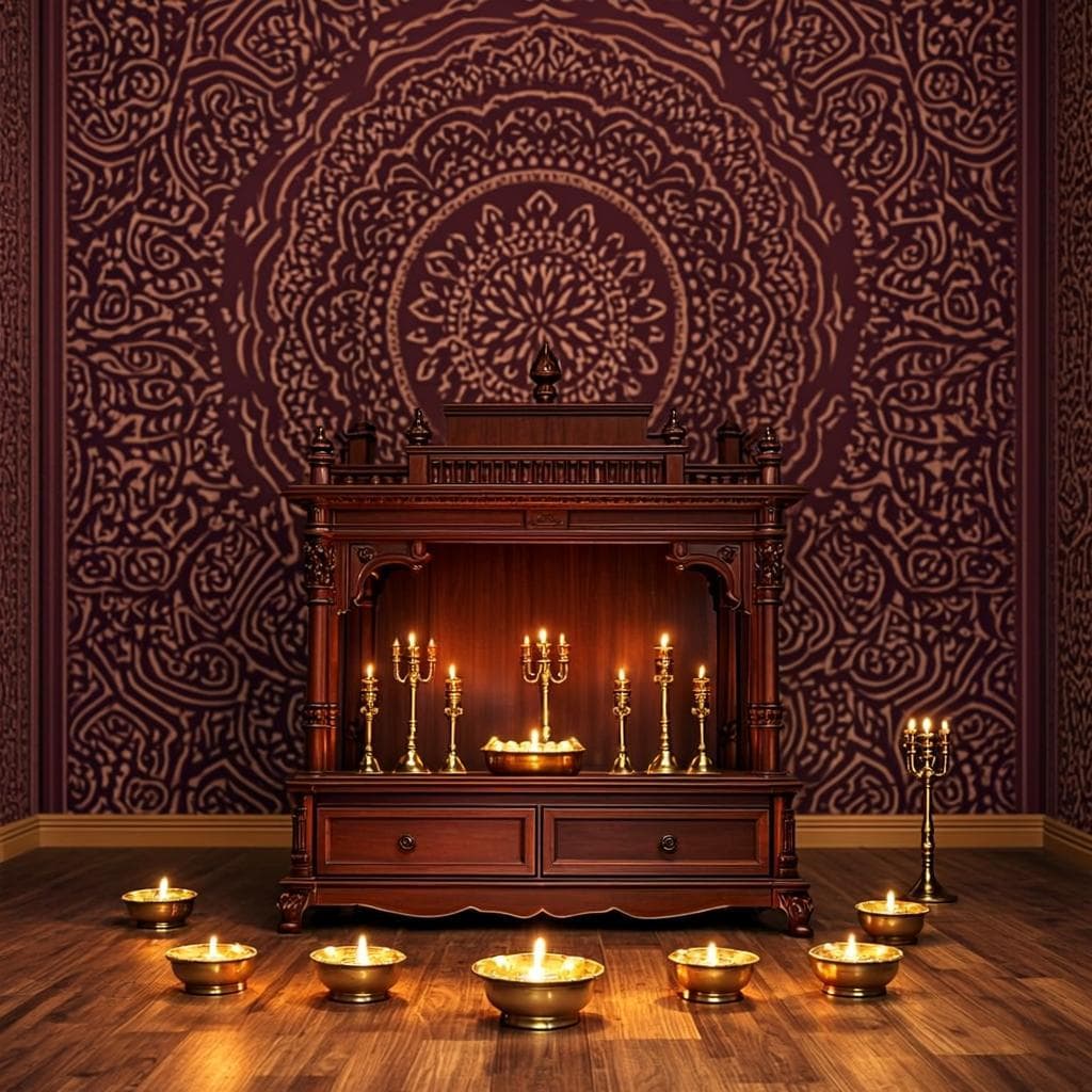 Pooja room with a carved maroon temple backdrop